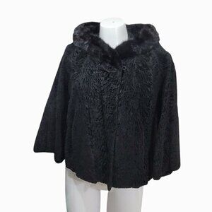 Vintage Black Persian Lamb Mink Collar Swing Coat Jacket